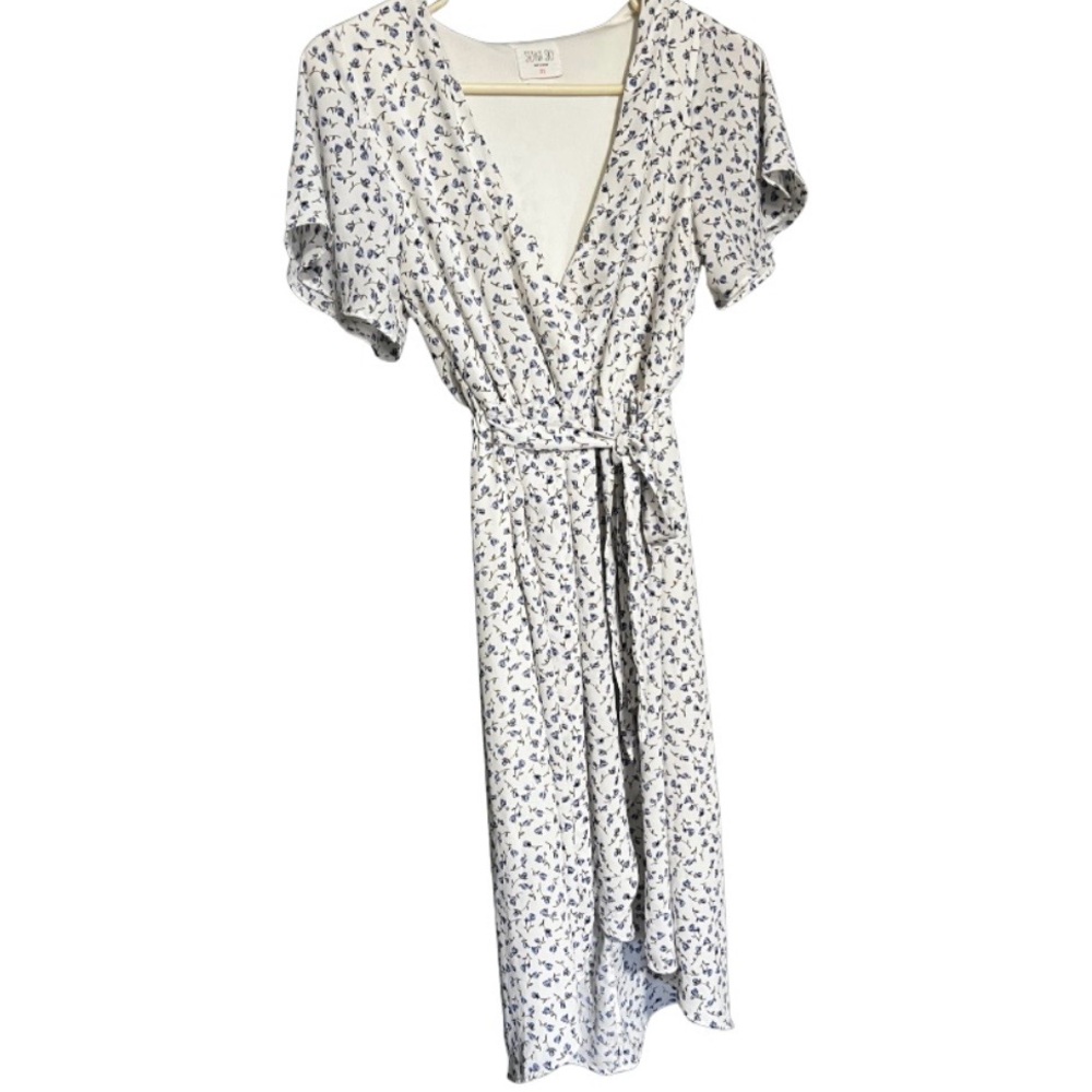 Sienna Sky Floral Wrap Dress in White and Blue SAME DAY SHIPPING